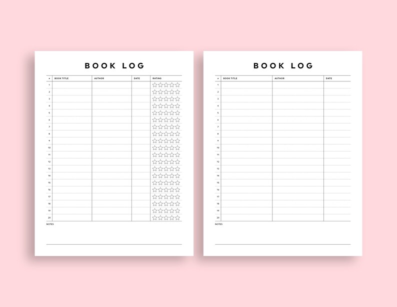 Pu&ograve; includere: Un registro di libri stampabile con due pagine. Ogni pagina ha una tabella con colonne per il titolo del libro, l'autore, la data e la valutazione. La colonna di valutazione ha cinque stelle per ogni riga.