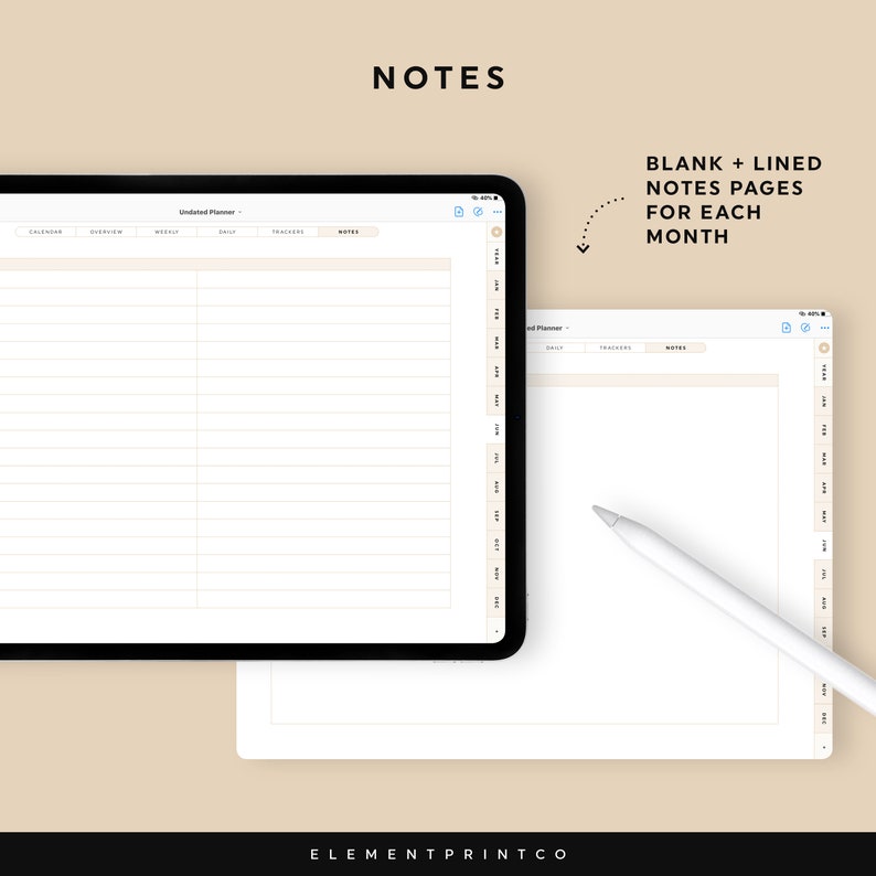 K&ouml;nnte beinhalten: Eine digitale Planer-App auf einem Tablet-Bildschirm mit einem Notizbereich. Der Notizbereich ist leer und hat Linien. Der Text "BLANK + LINED NOTES PAGES FOR EACH MONTH" wird auf dem Bildschirm angezeigt.