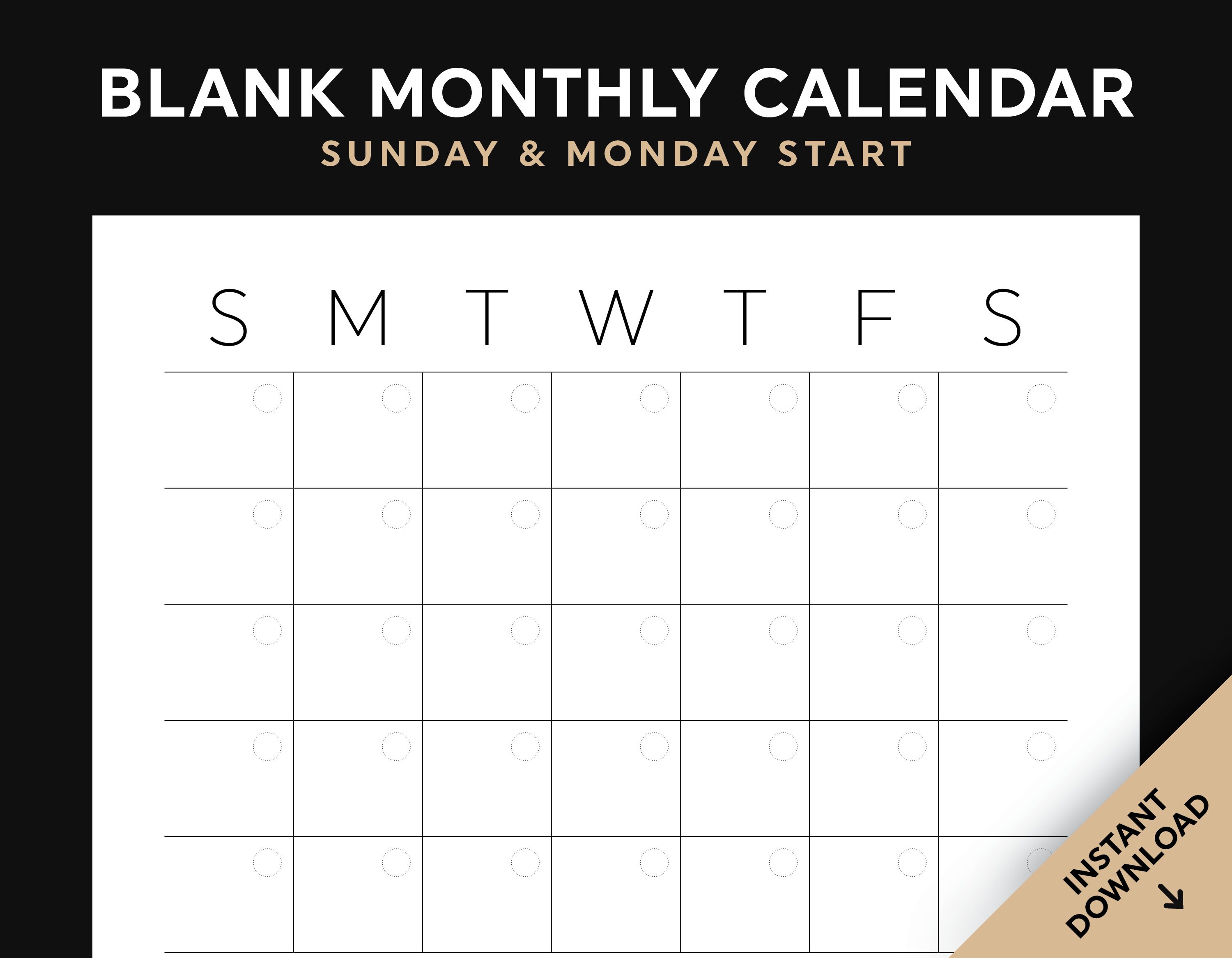 blank calendar printable monthly calendar template wall etsy