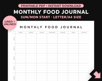 Monthly Food Journal, Food Journal Printable, Monthly Food Planner Printable, Sunday/Monday Start, Landscape, Instant Download