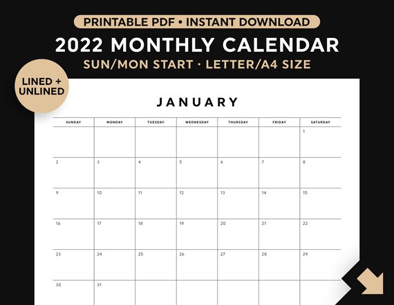 2022 calendar printable 2022 monthly calendar wall calendar etsy