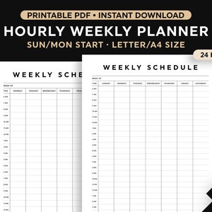 May include: A printable weekly planner with a 24-hour schedule, starting on Sunday. The planner is designed for letter or A4 size paper. The text "WEEKLY SCHEDULE" is at the top of the page.