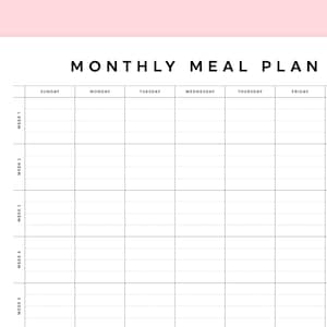 May include: A black and white printable monthly meal planner with a grid layout. The planner is divided into five weeks and seven days of the week, with spaces for writing in meals for each day.