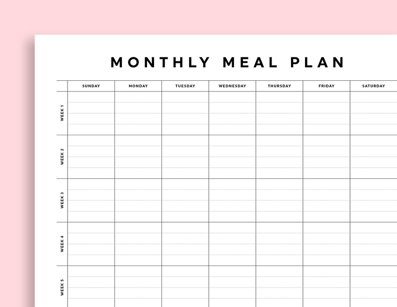 May include: A black and white printable monthly meal planner with a grid layout. The planner is divided into five weeks and seven days of the week, with spaces for writing in meals for each day.