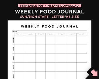 Food Diary Template, Weekly Food Journal Printable, Sunday/Monday Start, Landscape, Instant Download