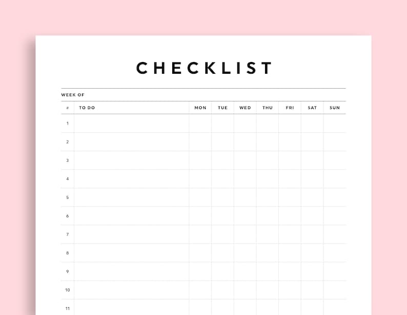 Checklist Rows Weekly Checklist Printable, to Do List Template, Editable Fillable ...