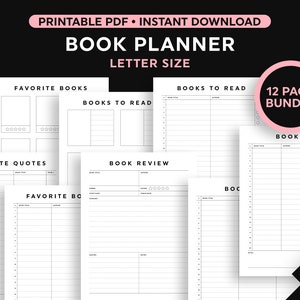 Pu&ograve; includere: Pianificatore di libri stampabile in formato lettera. Il pacchetto da 12 pagine include pagine per i libri preferiti, i libri da leggere, le citazioni preferite, le recensioni dei libri e un registro dei libri.