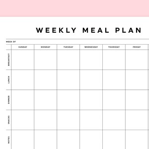 Meal Plan Template, Weekly Meal Planner Printable, Sunday/monday Start ...