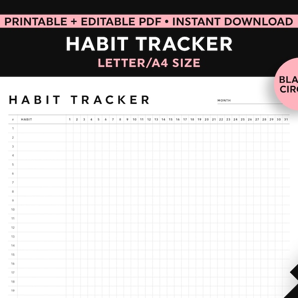 Habit Tracker Template, Monthly Habit Tracker Printable, Editable Fillable Habit Tracker, 2023 Habit Tracker, Letter/A4 Size