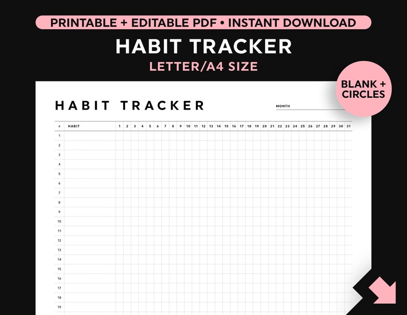 Habit Tracker Template, Monthly Habit Tracker Printable, Editable Fillable Habit Tracker, 2023 Habit Tracker, Letter/A4 Size image 1