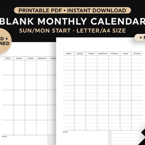 Blank Vertical Calendar + Notes Printable, Monthly Calendar, Month, Wall Calendar, Desk Calendar, Digital Download, Sunday/Monday Start