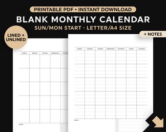 Blank Vertical Calendar + Notes Printable, Monthly Calendar, Month, Wall Calendar, Desk Calendar, Digital Download, Sunday/Monday Start