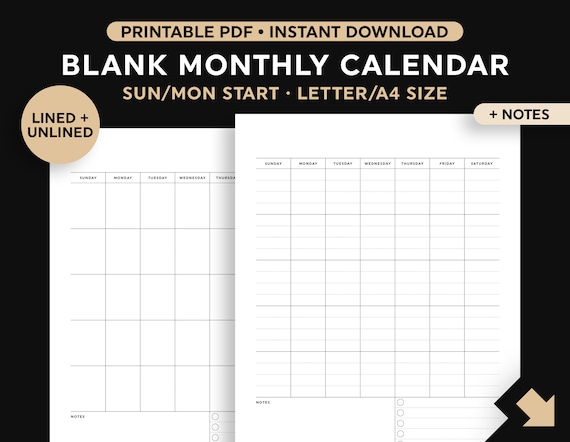 blank vertical calendar notes printable monthly calendar etsy