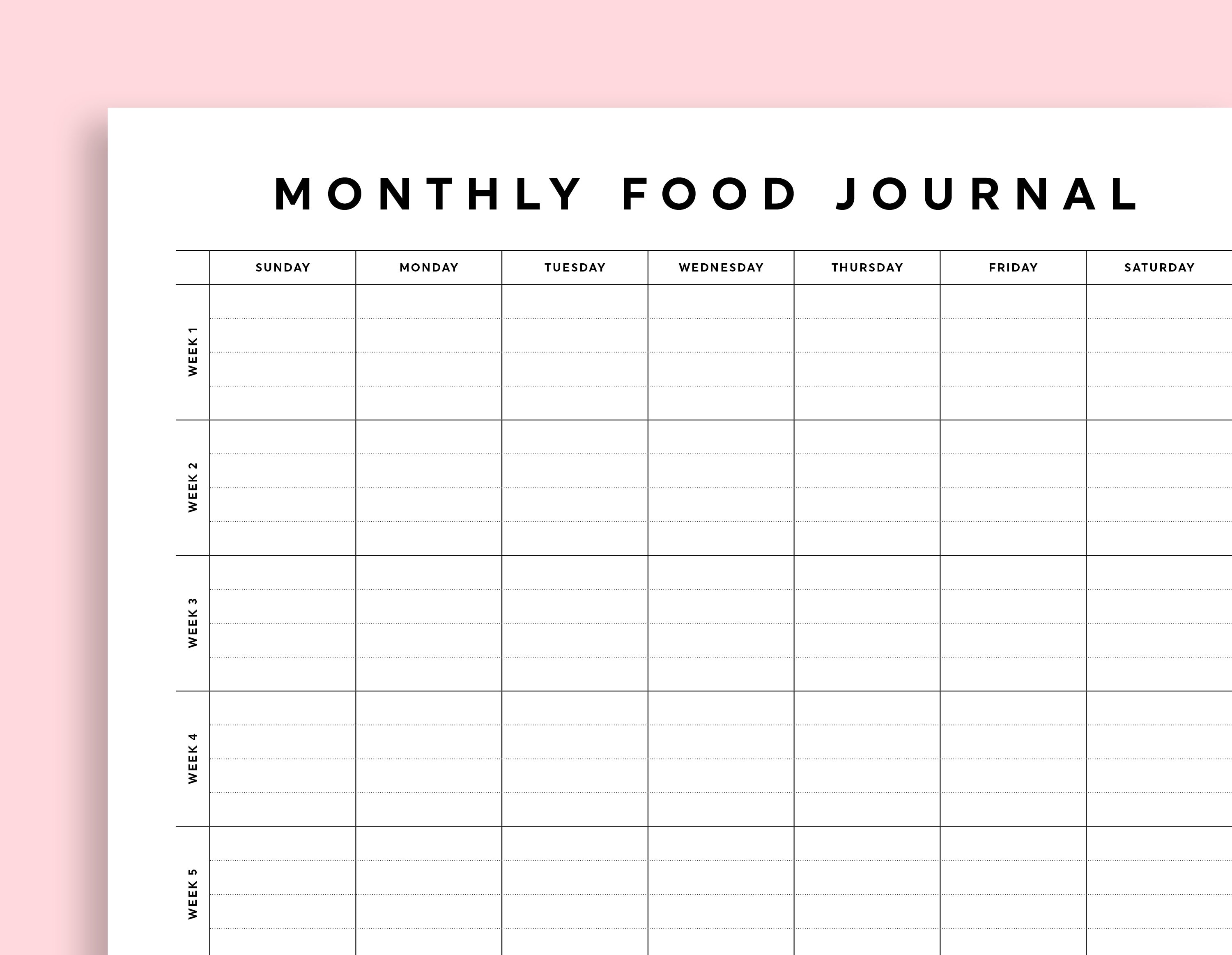 Monthly Food Journal, Food Journal Printable, Monthly Food Planner ...