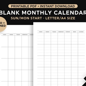 Calendario en blanco imprimible, Calendario mensual, Calendario de pared del mes, Calendario de escritorio, Descarga digital, Vertical, Mínimo, Inicio domingo/lunes