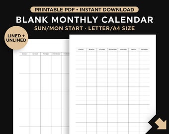 Blank Calendar Printable, Monthly Calendar, Month Wall Calendar, Desk Calendar, Digital Download, Vertical, Minimal, Sunday/Monday Start