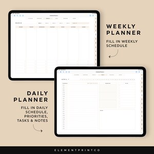 K&ouml;nnte beinhalten: Zwei digitale Planer-Vorlagen f&uuml;r iPad oder Tablet. Der Wochenplaner hat eine Kalenderansicht mit Platz f&uuml;r Notizen. Der Tagesplaner hat einen zeitlich geblockten Zeitplan, Platz f&uuml;r Priorit&auml;ten, Aufgaben und Notizen.