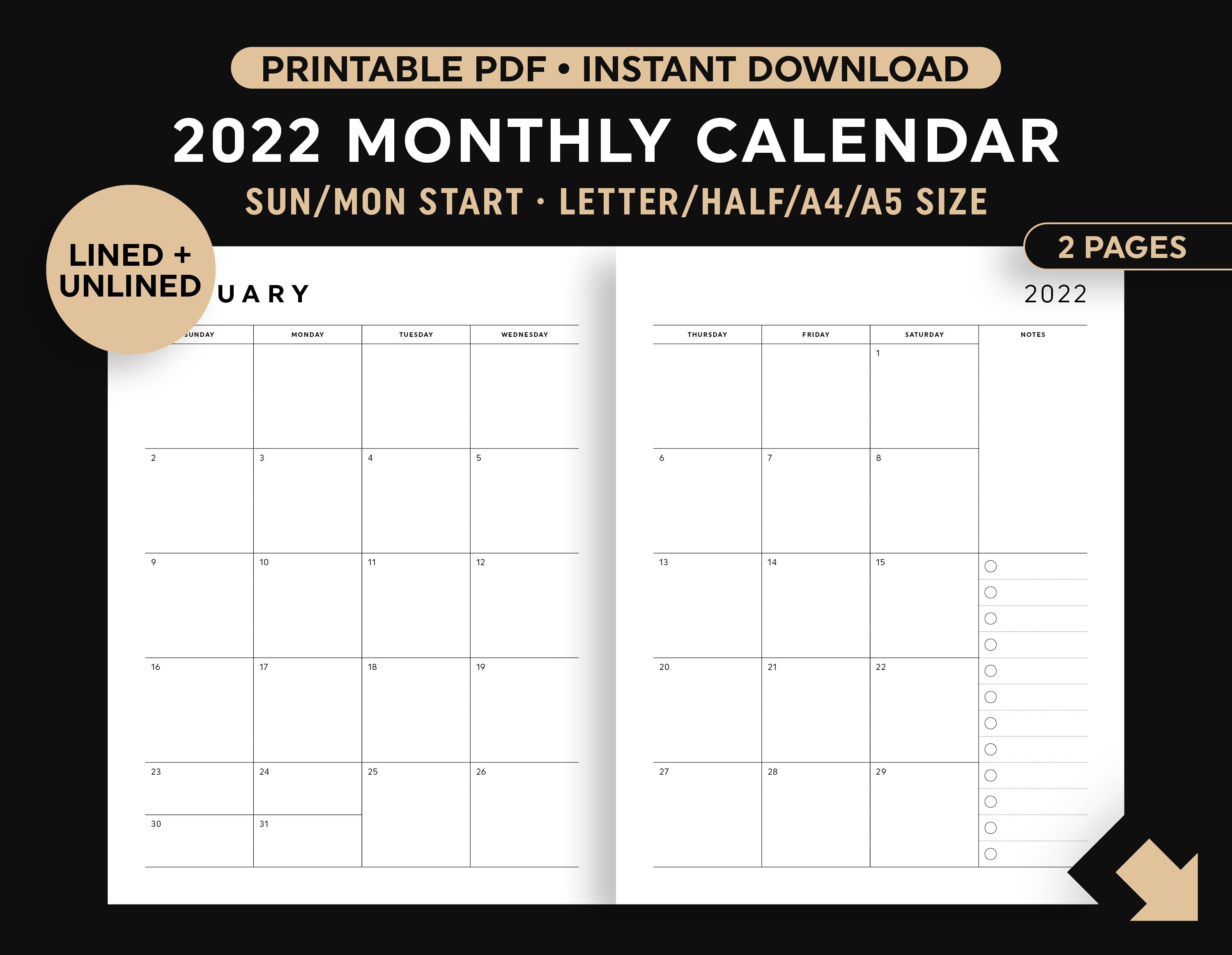 2022 monthly calendar printable 2 page calendar printable etsy