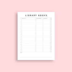 Pu&ograve; includere: Un tracker di libri di biblioteca stampabile con colonne per il titolo del libro, la data di prestito, la data di restituzione e una casella di controllo per ogni voce. Il tracker ha spazio per 20 libri e una sezione note in fondo.
