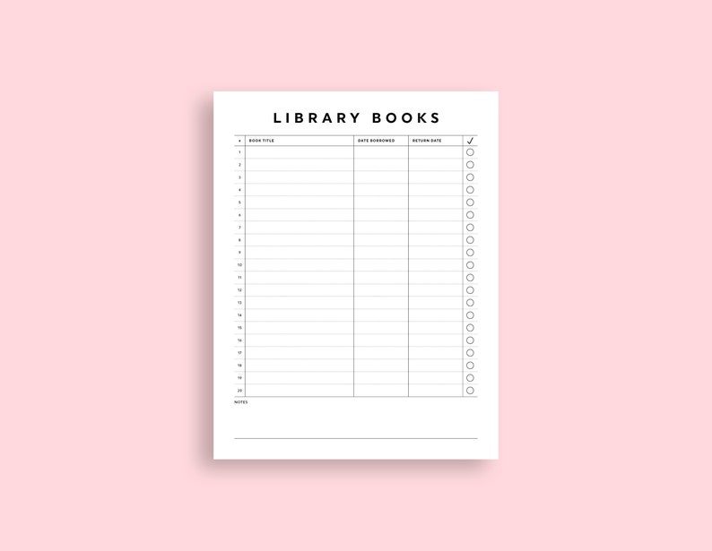 Pu&ograve; includere: Un tracker di libri di biblioteca stampabile con colonne per il titolo del libro, la data di prestito, la data di restituzione e una casella di controllo per ogni voce. Il tracker ha spazio per 20 libri e una sezione note in fondo.