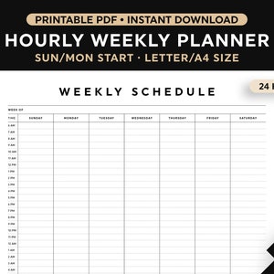 Hourly Weekly Planner Printable, Weekly Schedule, Daily Agenda, Hourly Schedule, Sunday/Monday Start