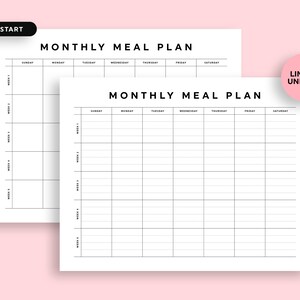 May include: Two printable monthly meal planner templates. The first template has a Sunday start and the second template has a lined design.