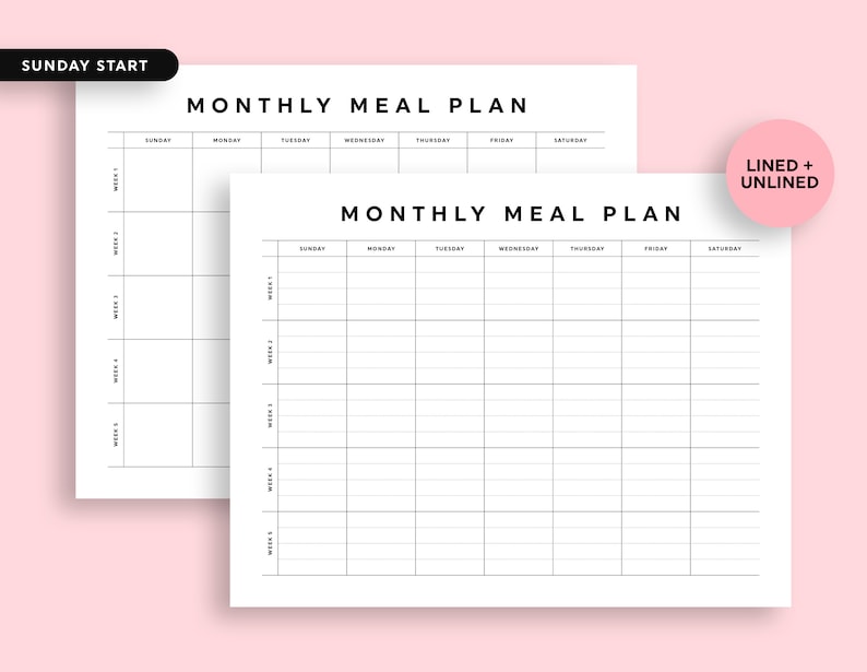 May include: Two printable monthly meal planner templates. The first template has a Sunday start and the second template has a lined design.