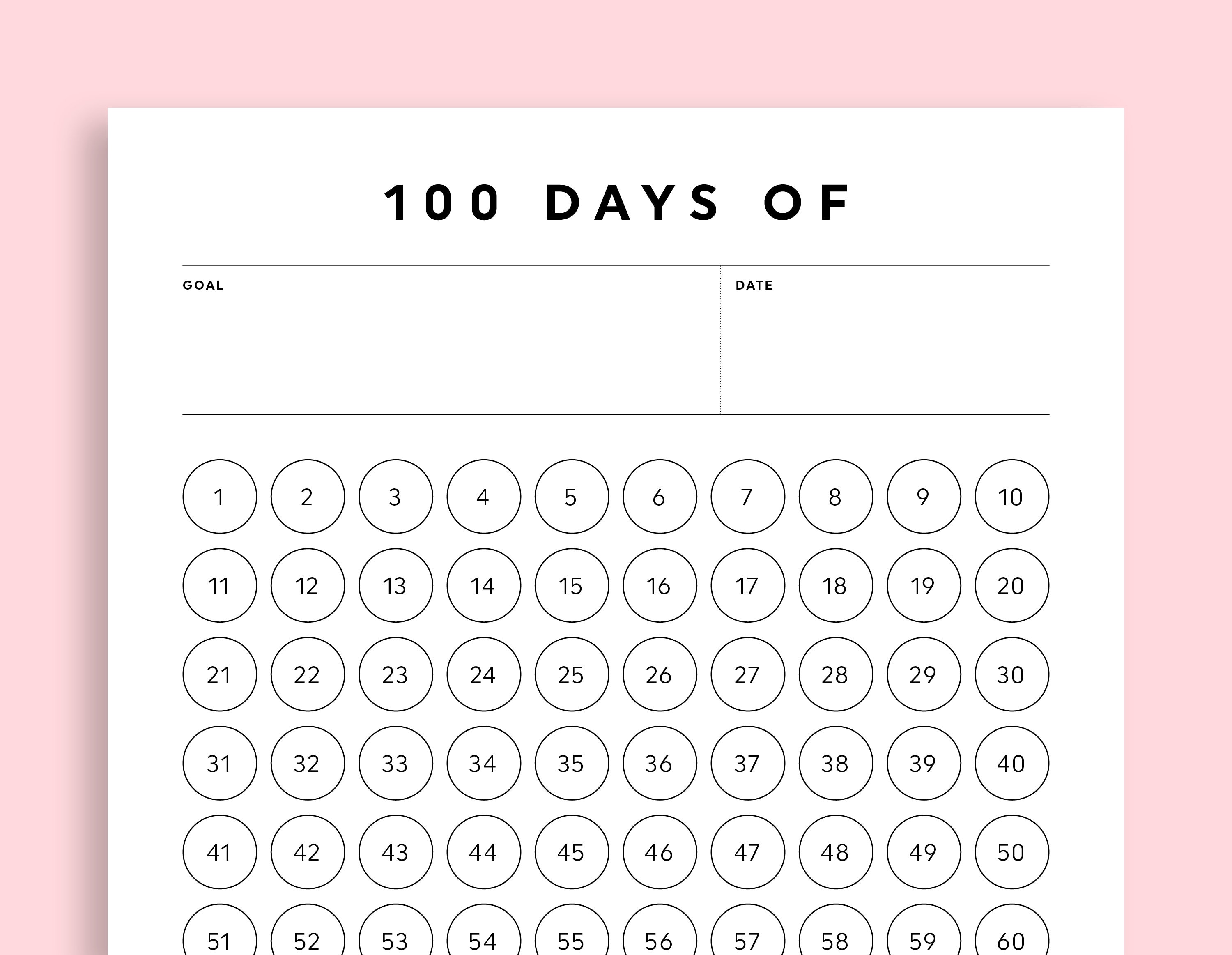 100 Day Challenge Printable, Bujo Journal 100 Day Project Worksheet, Bujo  100 Day Challenge Tracker, Goal Tracker Habit Tracker Resolution 