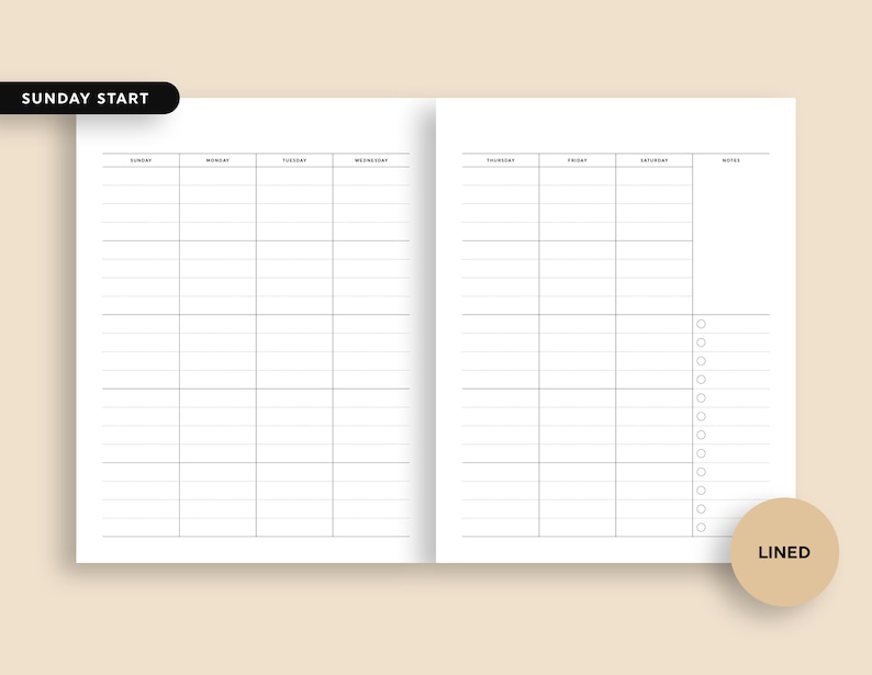May include: A white planner insert with a weekly layout, featuring columns for each day of the week and a notes section. The top left corner has the text "SUNDAY START" and the bottom right corner has the word "LINED".