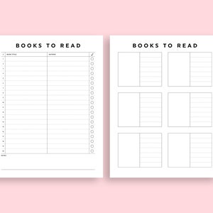 Pu&ograve; includere: Modello di lista di libri stampabile con due pagine. La prima pagina contiene un elenco di 20 libri da leggere con colonne per il titolo del libro, l'autore e una casella di controllo per contrassegnare quando il libro &egrave; terminato. La seconda pagina contiene sei sezioni per elencare i libri da leggere, ogni sezione contiene due colonne per il titolo del libro e l'autore.
