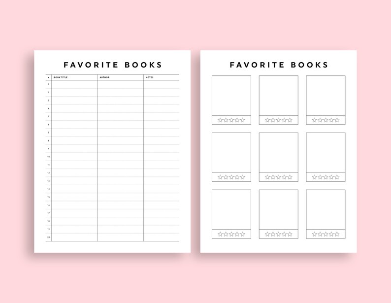 Pu&ograve; includere: Un tracker di libri stampabile con due pagine. La prima pagina &egrave; un elenco per tenere traccia dei titoli dei libri, degli autori e delle note. La seconda pagina ha sei copertine di libri con spazio per scrivere una valutazione.