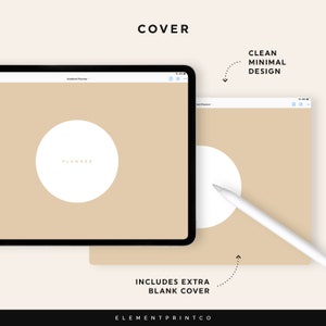 K&ouml;nnte beinhalten: Ein digitales Planer-Cover mit einem klaren, minimalistischen Design. Das Cover zeigt einen wei&szlig;en Kreis mit dem Wort "PLANNER" in der Mitte auf einem beigefarbenen Hintergrund. Das Cover enth&auml;lt eine zus&auml;tzliche leere H&uuml;lle.