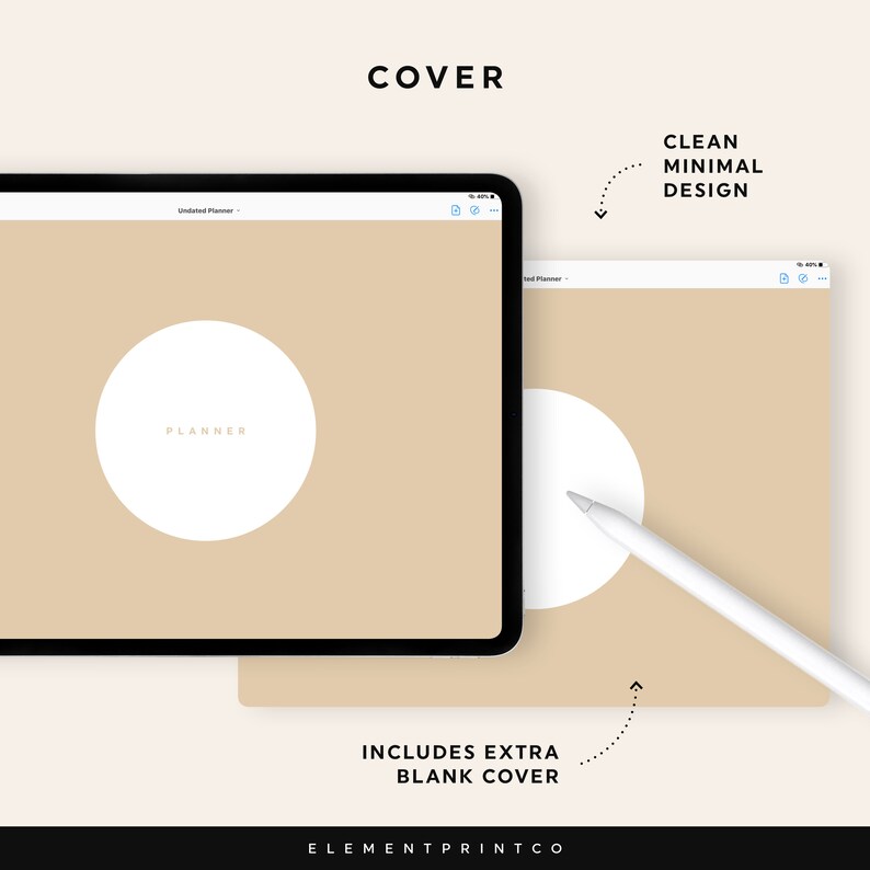 K&ouml;nnte beinhalten: Ein digitales Planer-Cover mit einem klaren, minimalistischen Design. Das Cover zeigt einen wei&szlig;en Kreis mit dem Wort "PLANNER" in der Mitte auf einem beigefarbenen Hintergrund. Das Cover enth&auml;lt eine zus&auml;tzliche leere H&uuml;lle.