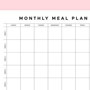 May include: A black and white printable monthly meal planner with a grid layout. The planner is divided into five weeks and seven days of the week, with the days of the week labeled at the top and the weeks labeled on the left side.