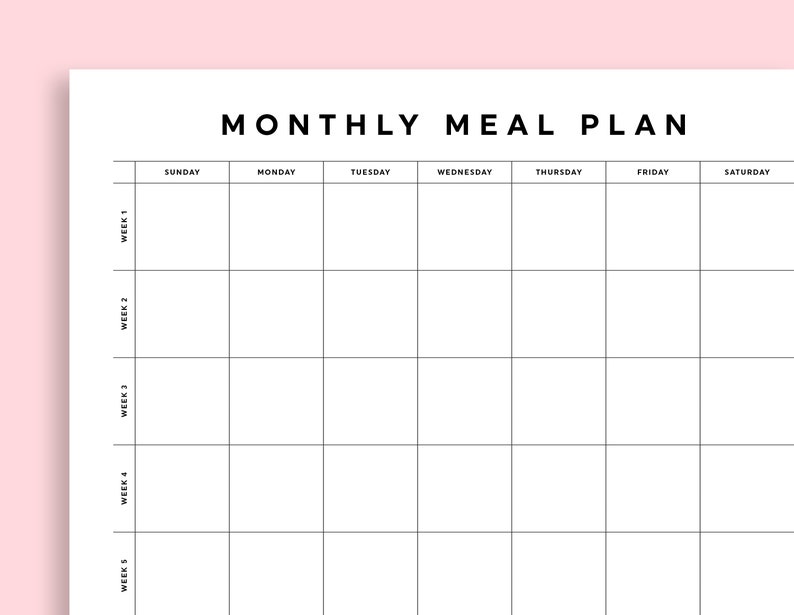 May include: A black and white printable monthly meal planner with a grid layout. The planner is divided into five weeks and seven days of the week, with the days of the week labeled at the top and the weeks labeled on the left side.