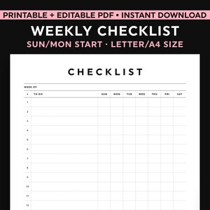 Lista de verificação semanal para impressão, modelo de lista de tarefas, lista de verificação editável e preenchível, tamanho carta/A4