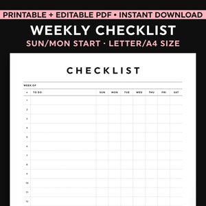 Weekly Checklist Printable, To Do List Template, Editable Fillable Checklist, Letter/A4 Size