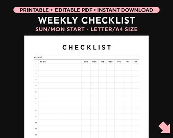 Wöchentliche Checkliste zum Ausdrucken, To-Do-Listenvorlage, bearbeitbare ausfüllbare Checkliste, Letter / A4-Format