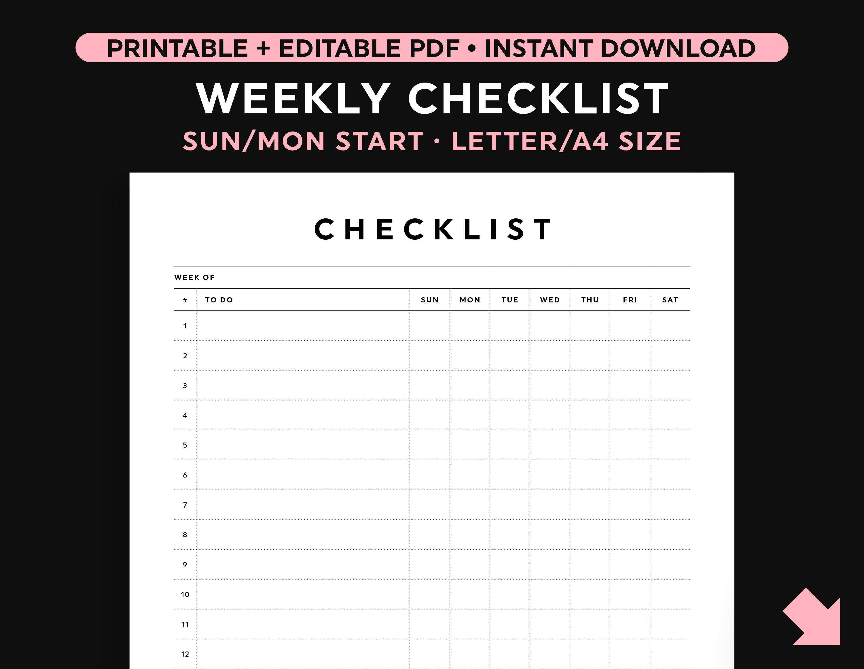 Weekly Checklist Printable, To Do List Template, Editable Fillable  Checklist, Letter/A20 Size Regarding Blank To Do List Template