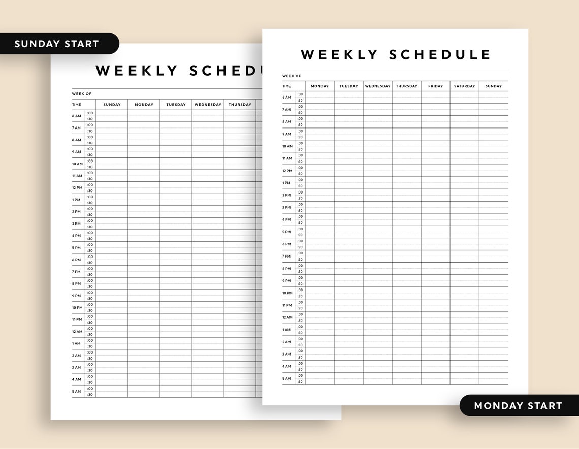 Half Hour Weekly Schedule Printable, Half Hour Daily Schedule Template ...