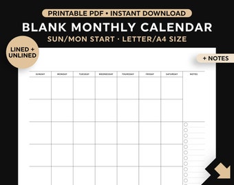 Blank Calendar Notes Printable Monthly Calendar, Wall Calendar, Desk Calendar, Digital Download, 8.5x11 in, A4, Sunday/Monday Start