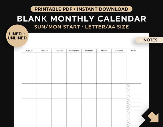 blank calendar notes printable monthly calendar wall etsy