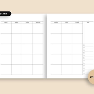 May include: A white, open planner with a weekly layout. The left page has a grid for Sunday through Wednesday, and the right page has Thursday through Saturday, plus a notes section. The top left corner reads "SUNDAY START" and the bottom right corner reads "UNLINED".