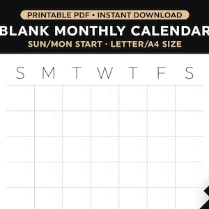 Blank Calendar Printable, Monthly Calendar Template, Wall Calendar, Desk Calendar, Instant Digital Download, Sunday/Monday Start