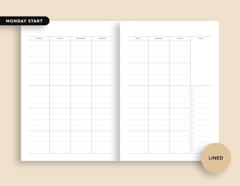 May include: A white planner spread with a weekly layout. The left page is divided into four columns labeled Monday through Thursday. The right page has columns for Friday, Saturday, Sunday, and Notes. The text "Monday Start" is in a black rectangle.