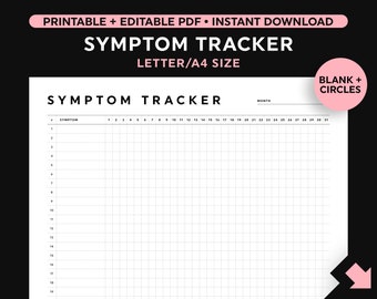 Plantilla de seguimiento de síntomas, seguimiento de síntomas mensual imprimible, seguimiento médico de enfermedades crónicas, seguimiento de síntomas rellenable editable