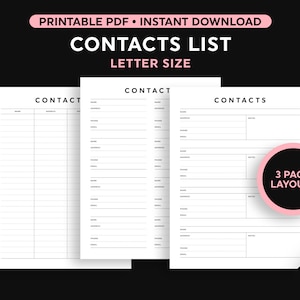 Printable Contact List, Address Book Printable, Address Log Printable, Contacts Page Printable, Minimal, Letter Size PDF, Instant Download