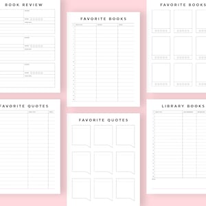 Pu&ograve; includere: Pagine di tracciamento dei libri stampabili con sezioni per recensioni di libri, libri preferiti, citazioni preferite e libri della biblioteca. Le pagine sono in bianco e nero e hanno un design semplice.