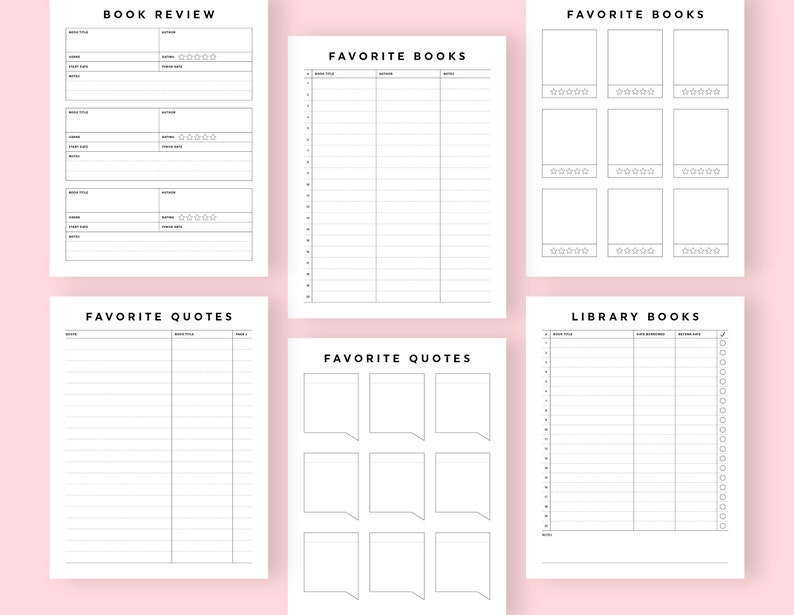 Pu&ograve; includere: Pagine di tracciamento dei libri stampabili con sezioni per recensioni di libri, libri preferiti, citazioni preferite e libri della biblioteca. Le pagine sono in bianco e nero e hanno un design semplice.