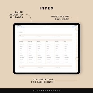 K&ouml;nnte beinhalten: Ein digitaler Planer mit einem monatlichen Index-Tab auf jeder Seite. Der Index enth&auml;lt Tabs f&uuml;r jeden Monat des Jahres, wodurch ein schneller Zugriff auf alle Seiten erm&ouml;glicht wird. Der Planer ist f&uuml;r die undatierte Verwendung konzipiert.